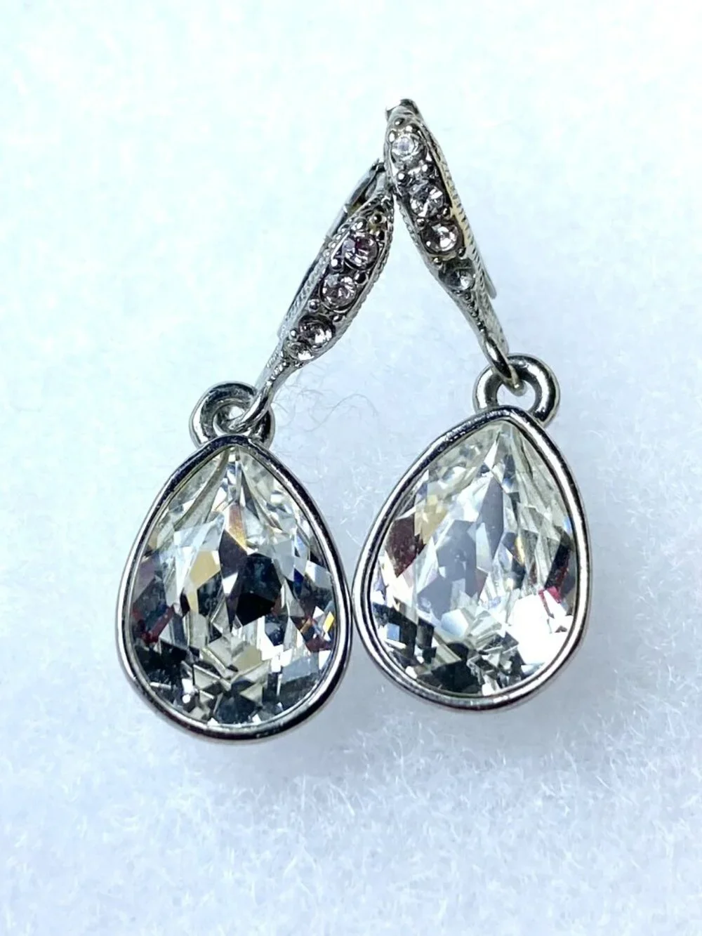GIVENCHY Crystal Teardrop Dangle Earrings Silver Tone Clear Pave Leverback - Picture 1 of 8